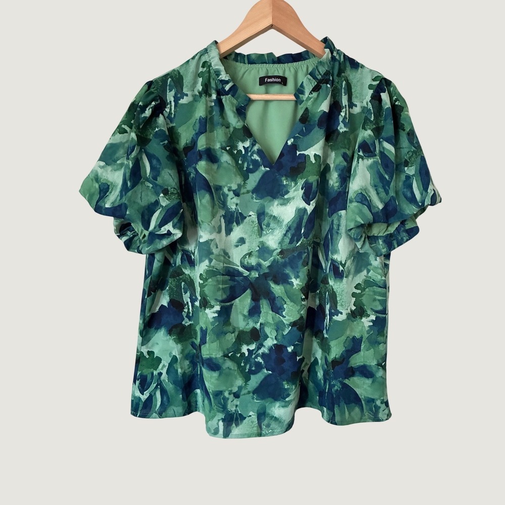 Fashion Green Blue Watercolor Floral Ruffle Neck Puff Sleeve Blouse Large